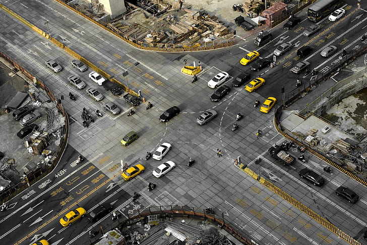 Verkehr, selektive Färbung, grau, städtisch, gelb, Taxi, Luftaufnahme, Straße, Auto, Taiwan, Taipei, Stadt, HD-Hintergrundbild