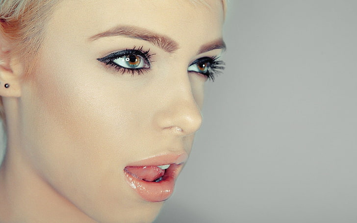 woman face, women, blonde, blue eyes, face, closeup, open mouth, licking lips, juicy lips, simple background, HD wallpaper