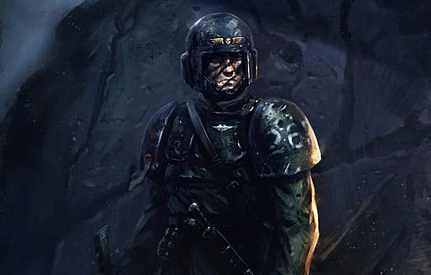 man wearing armor wallpaper, fiction, art, soldiers, helmet, Warhammer, Warhammer 40K, imperial guardsmen, Astra Militarum, HD wallpaper HD wallpaper