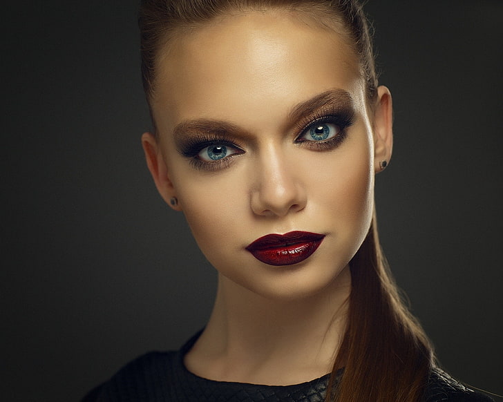 face, women, portrait, blue eyes, makeup, simple background, HD wallpaper