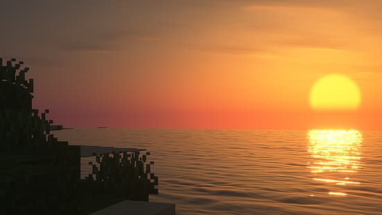 coucher de soleil, lever de soleil, Minecraft, shaders, jeux vidéo, capture d'écran, paysage, portail, Fond d'écran HD HD wallpaper