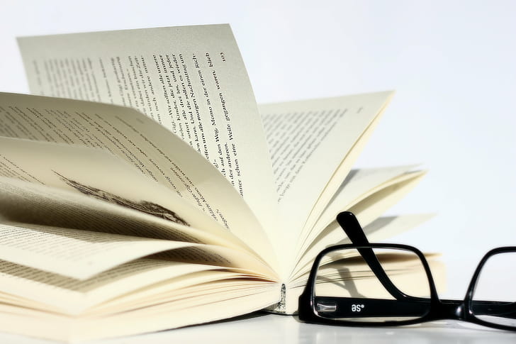 open page book beside black frame eyeglasses, Masculine, Explore, open, page, book, black, frame, eyeglasses, bok, tyska, document, business, education, HD wallpaper