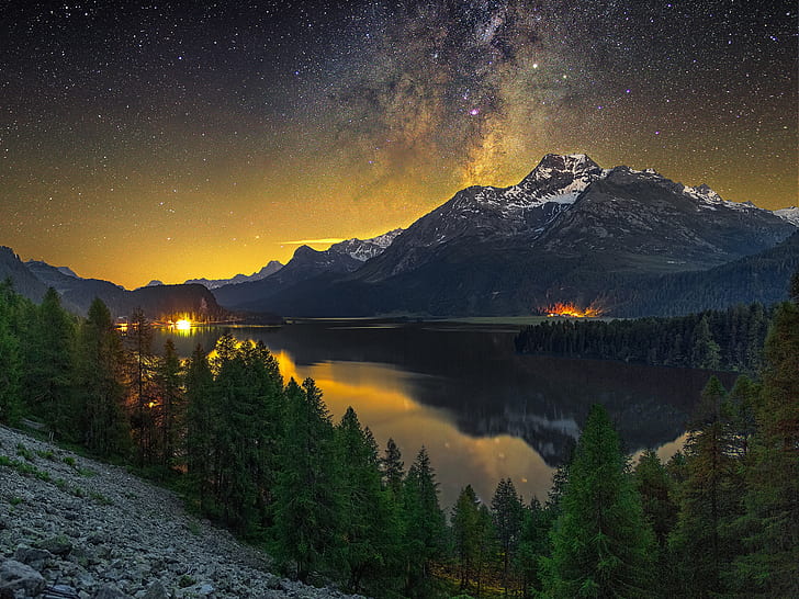 forest, the sky, stars, snow, mountains, night, lights, lake, reflection, shore, the slopes, tops, view, ate, Alps, constellation, pond, star, HD wallpaper