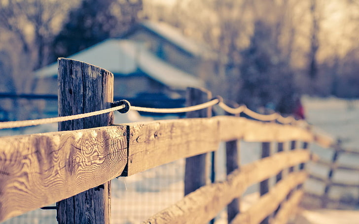 clôture en bois marron, cru, hiver, clôture, profondeur de champ, Fond d'écran HD
