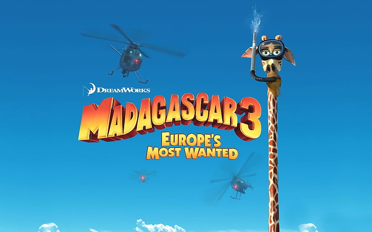 مدغشقر 3 فيلم مطلوب في أوروبا ، مدغشقر ، رسوم متحركة ، زرافة ميلمان ، بحر ، سماء ، طائرات هليكوبتر ، دريم ووركس، خلفية HD