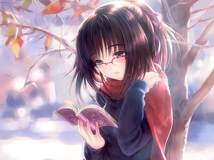 черноволосая женщина аниме персонаж иллюстрация, девушка, брюнетка, очки, книга, чтение, дерево, HD обои