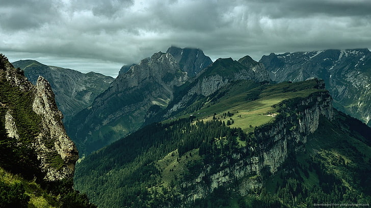 landscape, mountains, green, clouds, nature, HD wallpaper