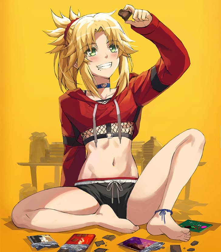 Fate Series, FGO, Fate/Grand Order, Fate/Apocrypha, spread legs, long hair, blond hair, small boobs, short shorts, thighs, ponytail, anime girls eating, chocolate, sweets, smiling, blushing, anime girls, belly button, Mordred (Fate/Apocrypha), Saber of Red, messy hair, looking away, 2D, green eyes, simple background, barefoot, curvy, black shorts, fan art, HD wallpaper
