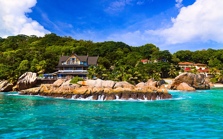 Seychelles Exotic Island La Digue Patatran Village mer rivages plage tropicale forêt tropicale palmiers Fond d'écran HD 3840 × 2400, Fond d'écran HD