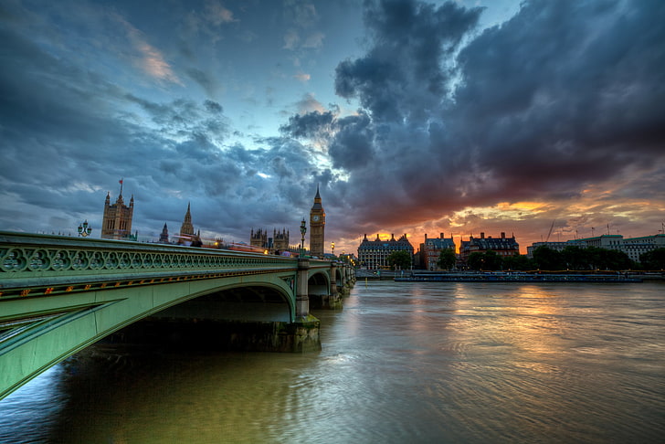 Биг Бен, Лондон, облака, Англия, Лондон, река Темза, река Темза, Вестминстерский мост, HD обои