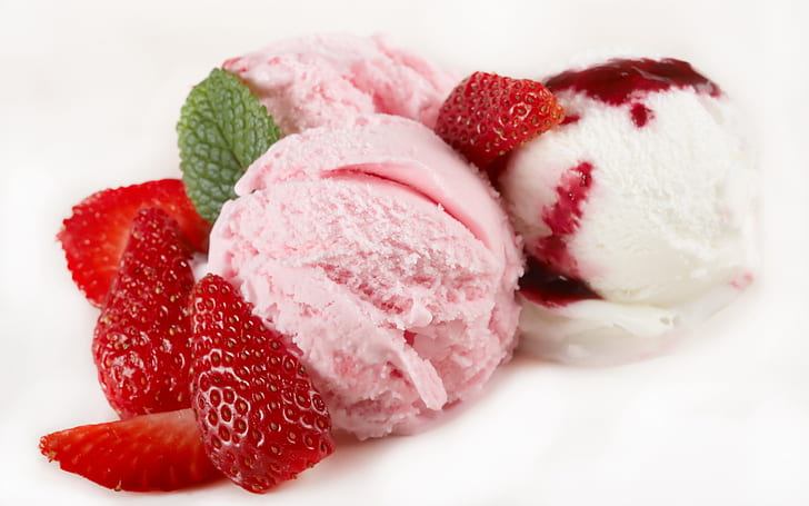 ice cream, strawberries, depth of field, HD wallpaper