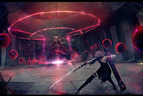 седой персонаж с аниме, держащий меч, Аой Огата, Nier: Автоматы, работа, NieR, 2B (Nier: Автоматы), HD обои HD wallpaper