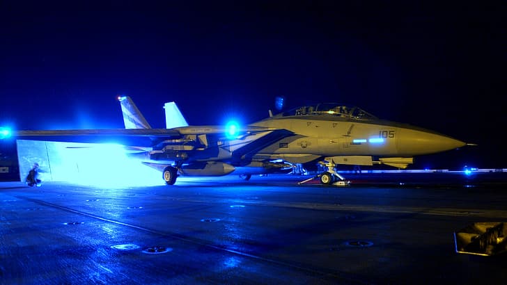 Grumman F-14 Tomcat, aircraft, aircraft carrier, military aircraft, night, United States Navy, jet fighter, afterburner, HD wallpaper