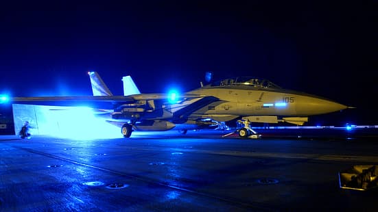  Grumman F-14 Tomcat, aircraft, aircraft carrier, military aircraft, night, United States Navy, jet fighter, afterburner, HD wallpaper HD wallpaper