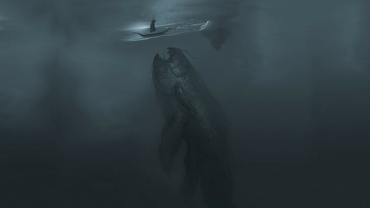 Фантастично изкуство, създание, под вода, лодка, произведение на морско чудовище, фентъзи изкуство, същество, под вода, лодка, HD тапет