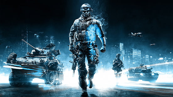 zrzut ekranu z gry wideo, gry wideo, Battlefield 3, grafika z gier, Battlefield, cyjan, żołnierz, jasny, pejzaż miejski, myśliwiec odrzutowy, czołg, karabin szturmowy, Tapety HD HD wallpaper