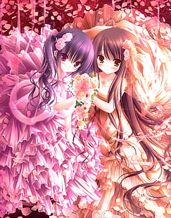 anime, bouquet, brunettes, dress, eyes, flower, girls, golden, illustrations, petals, pink, roses, tinkle, HD wallpaper HD wallpaper