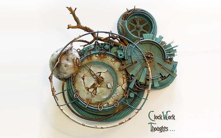 декор на часовника със зъбно колело, часовници, произведения на изкуството, дървета, камъни, бял, уеб дизайн, 3D, HD тапет
