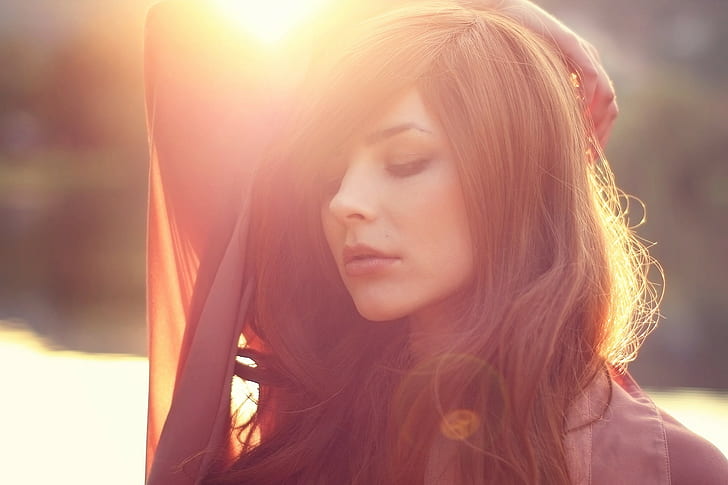 berambut merah, sinar matahari, Julia Coldfront, matahari terbenam, berambut cokelat, potret, model, wanita, wajah, Wallpaper HD