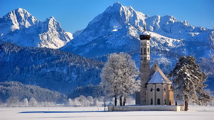Church in winter, snow, winter, church, mountagne, photo, HD wallpaper