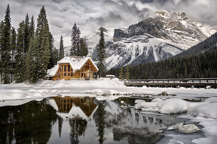 nature landscape mountain snow water clouds trees british columbia canada winter lake forest ice house reflection, HD wallpaper