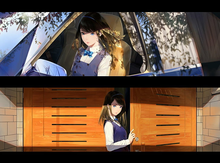 Anime Girls, car, door, Sawasawa, HD wallpaper