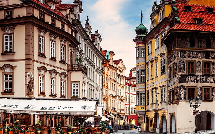 Prague Street Corner, ilustración del paisaje de la ciudad, Praga, edificios, Fondo de pantalla HD