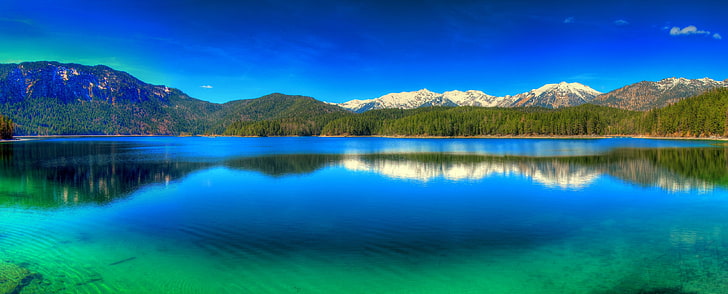 nature, landscape, panoramas, lake, mountains, forest, Germany, blue, sky, green, water, reflection, snowy peak, HD wallpaper
