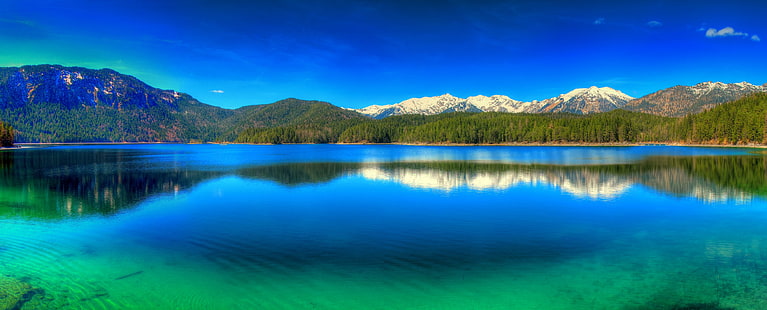 natur, landskap, panorama, sjö, berg, skog, Tyskland, blå, himmel, grön, vatten, reflektion, snöig topp, HD tapet HD wallpaper