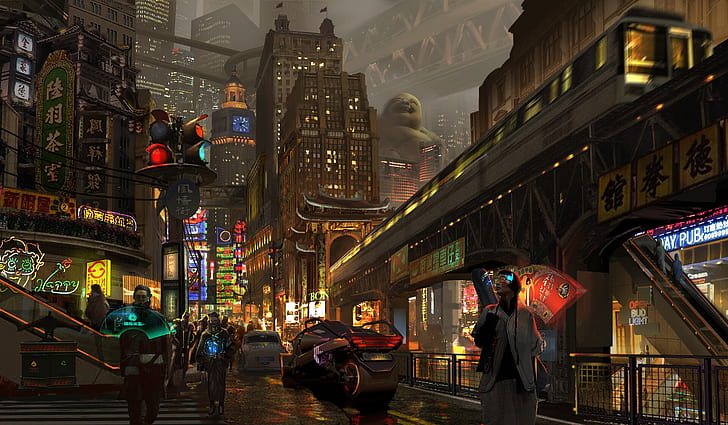China, The city, Neon, Street, People, Style, Metro, City, Art, Fiction, Transport, Sci-Fi, Cyberpunk, Science Fiction, Subway, by Fu Chenqi, Skytrain, Fu Chenqi, Ground Subway, HD wallpaper