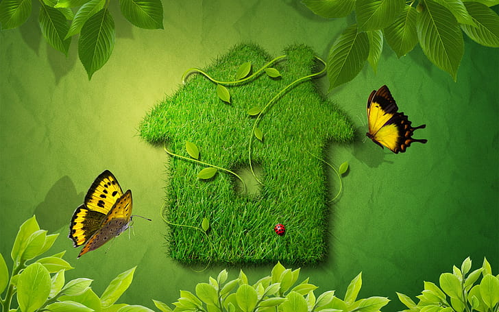 Butterflies fluttering green leaves around the house, green house shape textile, Green, Leaves, Butterfly, HD wallpaper
