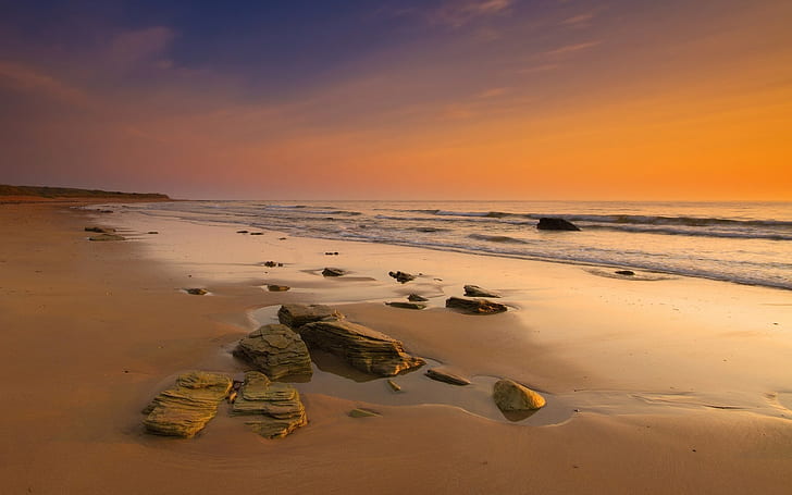 Камъни на плажа, скали, камъни, пейзаж, залез, плажен плакат, HD тапет