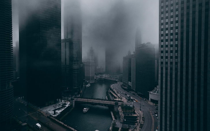 회색 고층 빌딩, 도시, 스카이 스크 래퍼, 안개, 스카이 라인, 시카고, HD 배경 화면