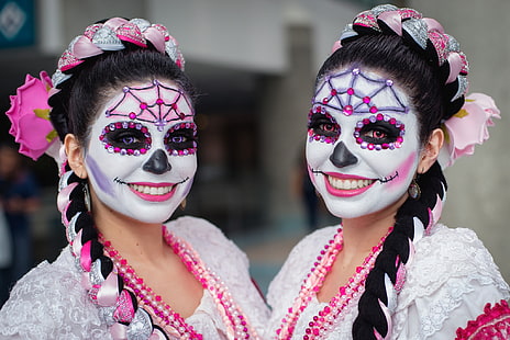 Dia de los Muertos, макияж, женщины, лицо, череп, Sugar Skull, HD обои HD wallpaper