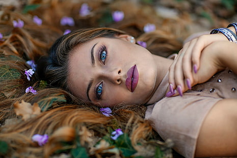 face, model, portrait, makeup, women, painted nails, blue eyes, lying down, lying on back, pink nails, Alessandro Di Cicco, HD wallpaper HD wallpaper
