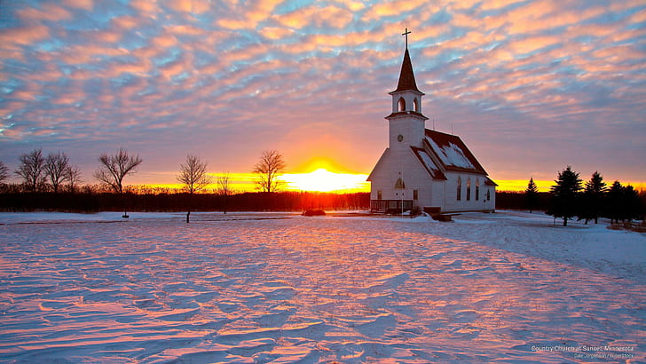 Country Church at Sunset, Minnesota, Winter, HD wallpaper