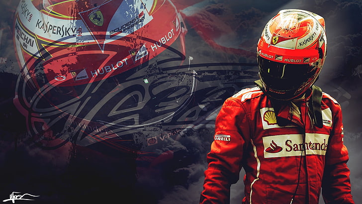 червен състезателен костюм на Сантандер, Кими Райконен, Ферари, Формула 1, спорт, мъже, каска, състезания, HD тапет
