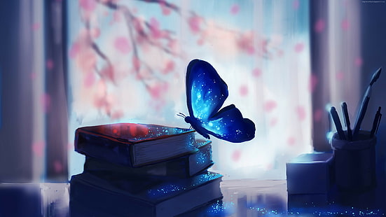 бабочка, книги, магия, арт, ультра HD, 4k фото, HD обои HD wallpaper