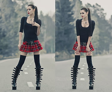women's black scoop-neck 3/4-sleeved shirt, red miniskirt, knee high boots, and socks outfit, woman wearing black long-sleeved top and standing on the ground collage, stockings, dark hair, boots, miniskirt, ponytail, plaid skirt, goths, alt girls, alternative subculture, HD wallpaper HD wallpaper