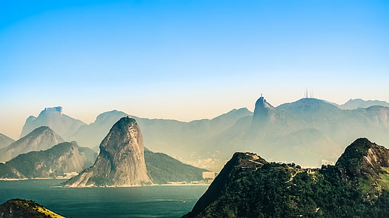 Brazylia, Chrystus Odkupiciel, czyste niebo, klif, krajobraz, mgła, góry, przyroda, Rio De Janeiro, morze, Statua, Tapety HD HD wallpaper