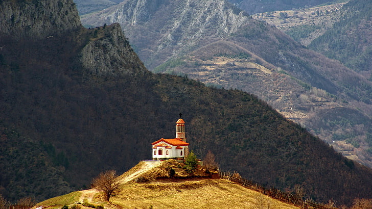 bulgaria, church, balkan mountains, landscape, view, panorama, mountain range, HD wallpaper