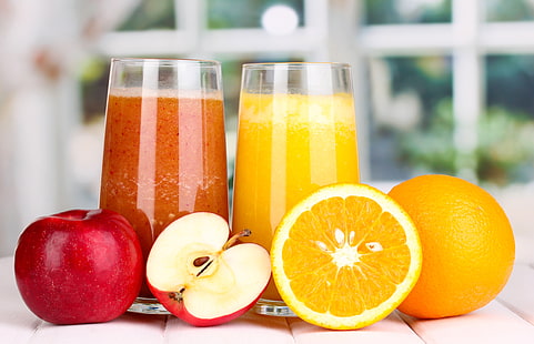 due bicchieri trasparenti, succo di frutta, arancia, mela, frutta, bicchieri, Sfondo HD HD wallpaper