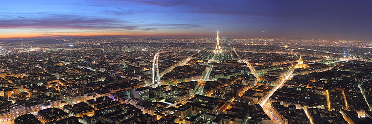 cityscape, Paris, panorama, city lights, sunset, city, Eiffel Tower, HD wallpaper