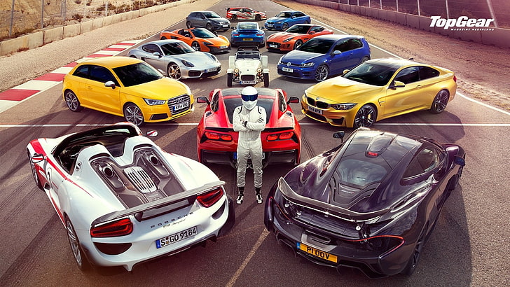 una variedad de autos stock, Top Gear, The Stig, Porsche 918 Spyder, McLaren P1, Chevrolet Corvette C7, Jaguar F-Type, BMW M6, auto, Porsche, Fondo de pantalla HD