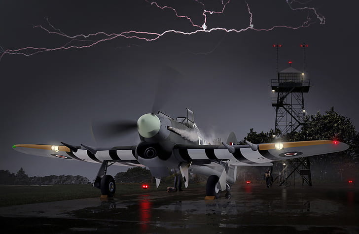 attack, painting, WW2, British, Royal Air Force, Hawker, single, fighter - bomber, Typhoon Mk.Ib, HD wallpaper