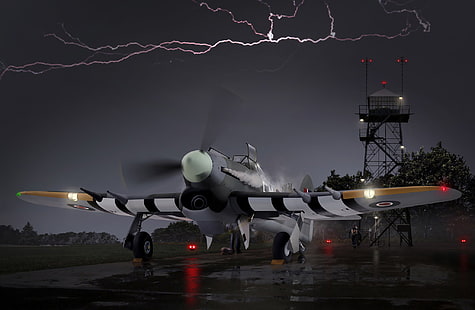 атака, рисуване, Втората световна война, британски, кралски военновъздушни сили, хокер, единичен, изтребител - бомбардировач, Тайфун Mk.Ib, HD тапет HD wallpaper