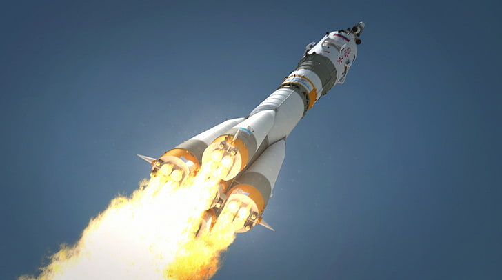 white space rocket, the sky, flame, Rocket, Russia, spaceport, the rise, engines, UNION, TMA, HD wallpaper