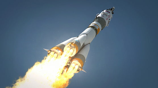 fusée spatiale blanche, le ciel, flamme, fusée, Russie, port spatial, la montée, moteurs, UNION, TMA, Fond d'écran HD HD wallpaper