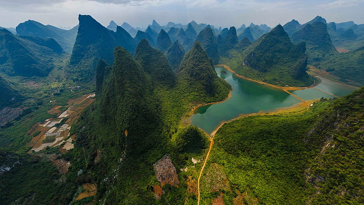 pegunungan hijau, pegunungan, sungai, Cina, Guilin, dan Taman Nasional Sungai Lijiang, Wallpaper HD
