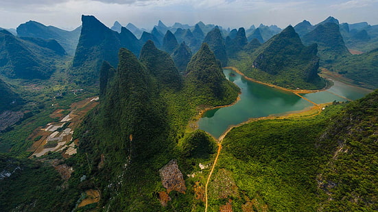 montañas verdes, montañas, río, China, Parque Nacional Guilin y el río Lijiang, Fondo de pantalla HD HD wallpaper